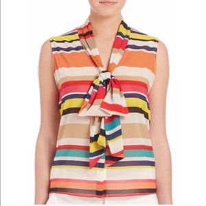 Alice + Olivia 'Indira' Pussy-Bow Silk Chiffon Striped Sleeveless Blouse -XS